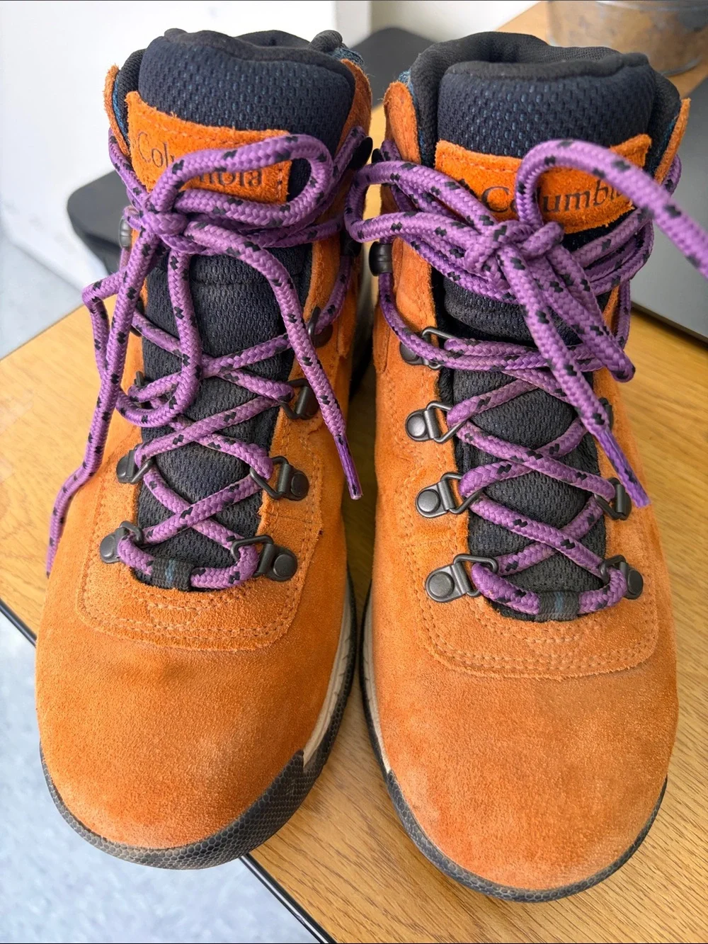 Columbia womens Orange Suede Hiking Boots with Purple Laces